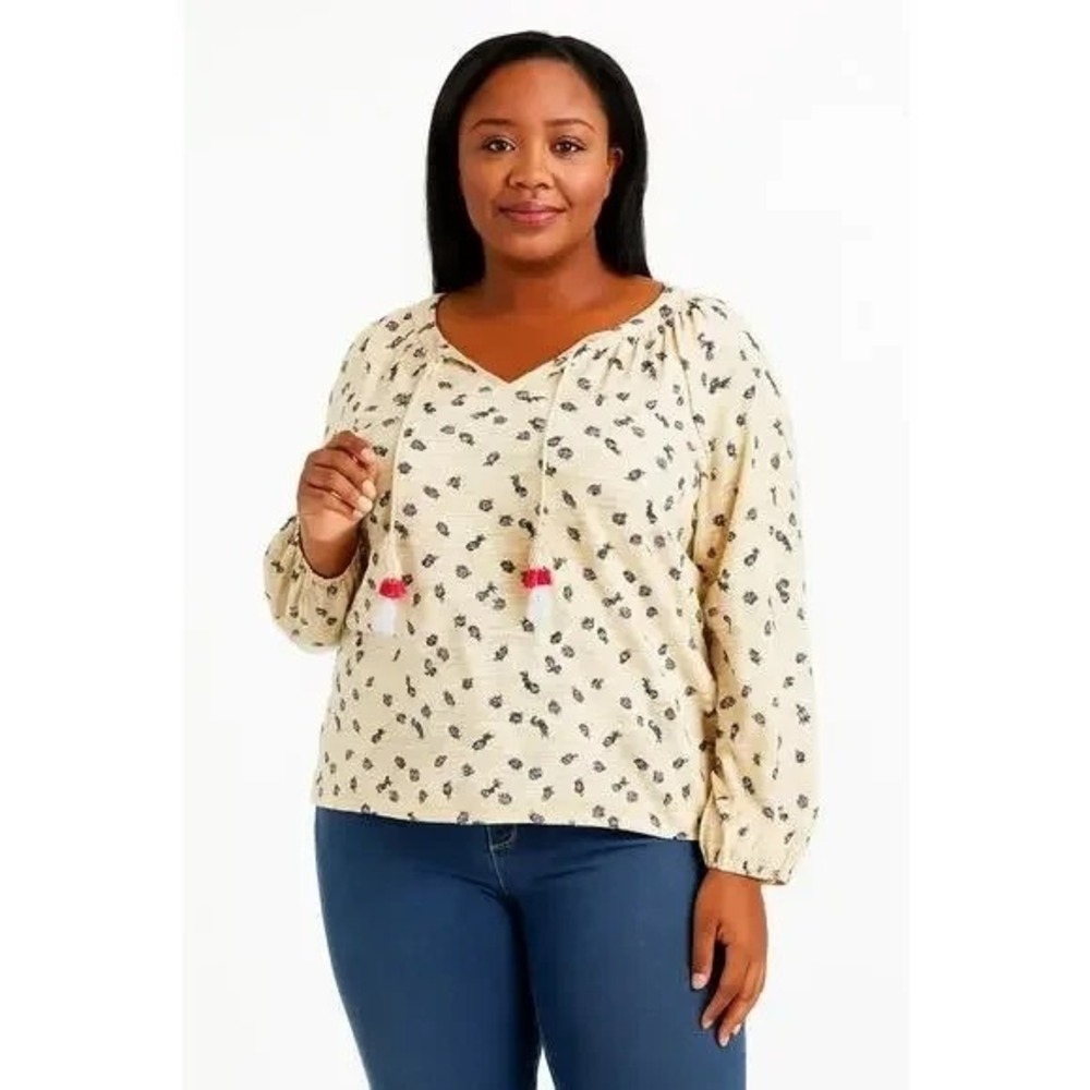 Charter Club Floral Print Split Neck Cotton Top Women's Size M Winter Cottage